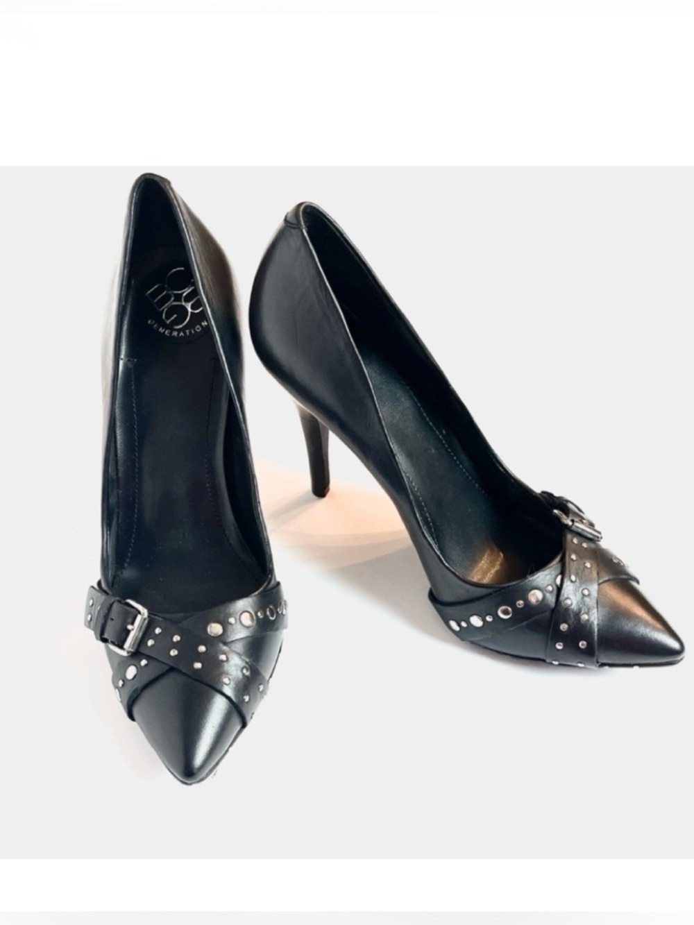 BCBG STUDDED CROSS STRAP BUCKLE DETAIL HEELS